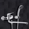 Chrome Wall Mount Tub Faucet with Long Swivel Spout and Hand Shower